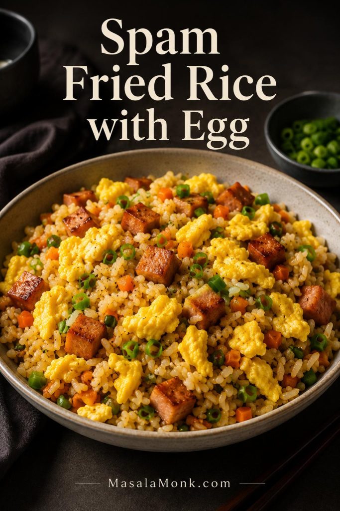 A bowl of fried rice with visible scrambled egg, browned Spam cubes, scallions, peas, and carrots.