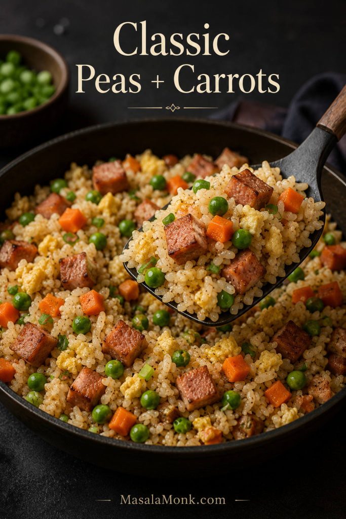 Fried rice in a skillet with peas, carrots, browned Spam cubes, egg, and scallions being lifted with a spatula.