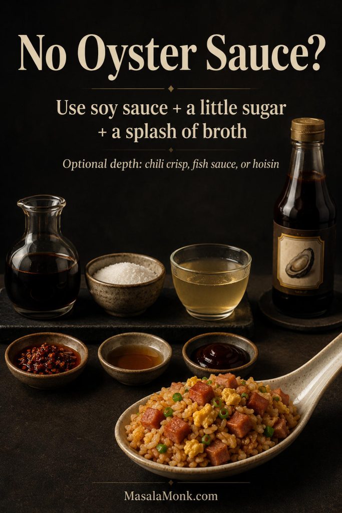 A substitution guide showing soy sauce, sugar, broth, chili crisp, fish sauce, hoisin, and a spoonful of fried rice as alternatives when oyster sauce is missing.