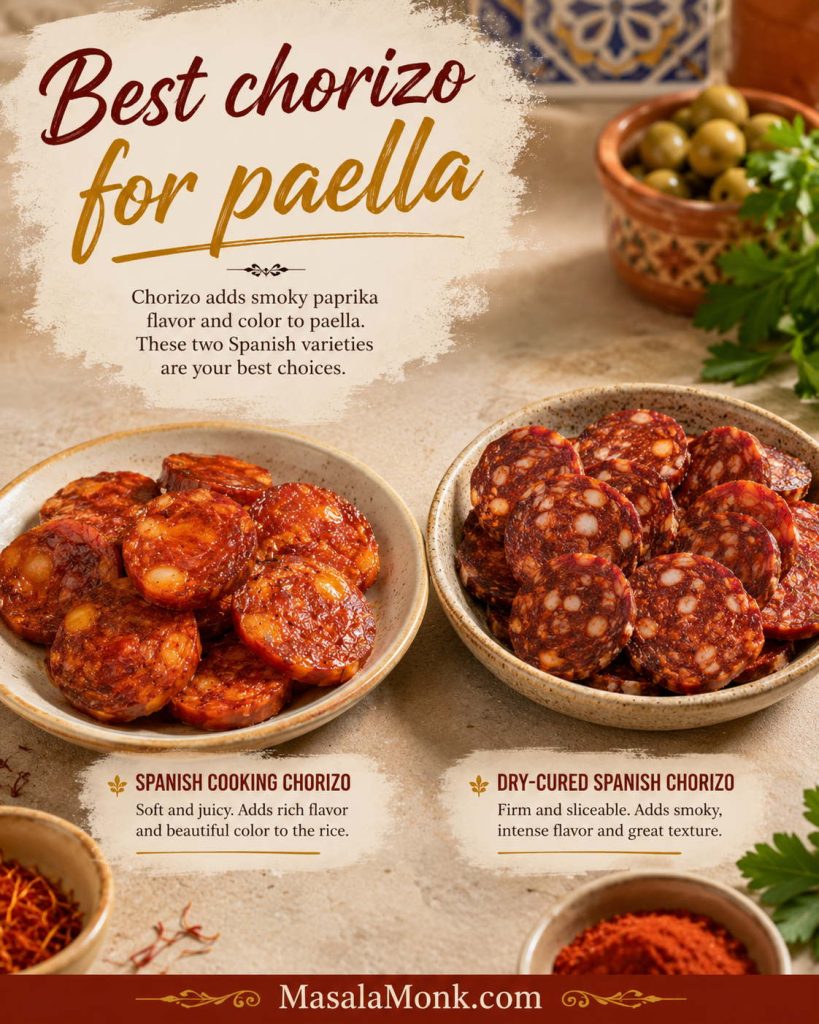 Spanish cooking chorizo and dry-cured Spanish chorizo sliced on a board for choosing chorizo for paella.