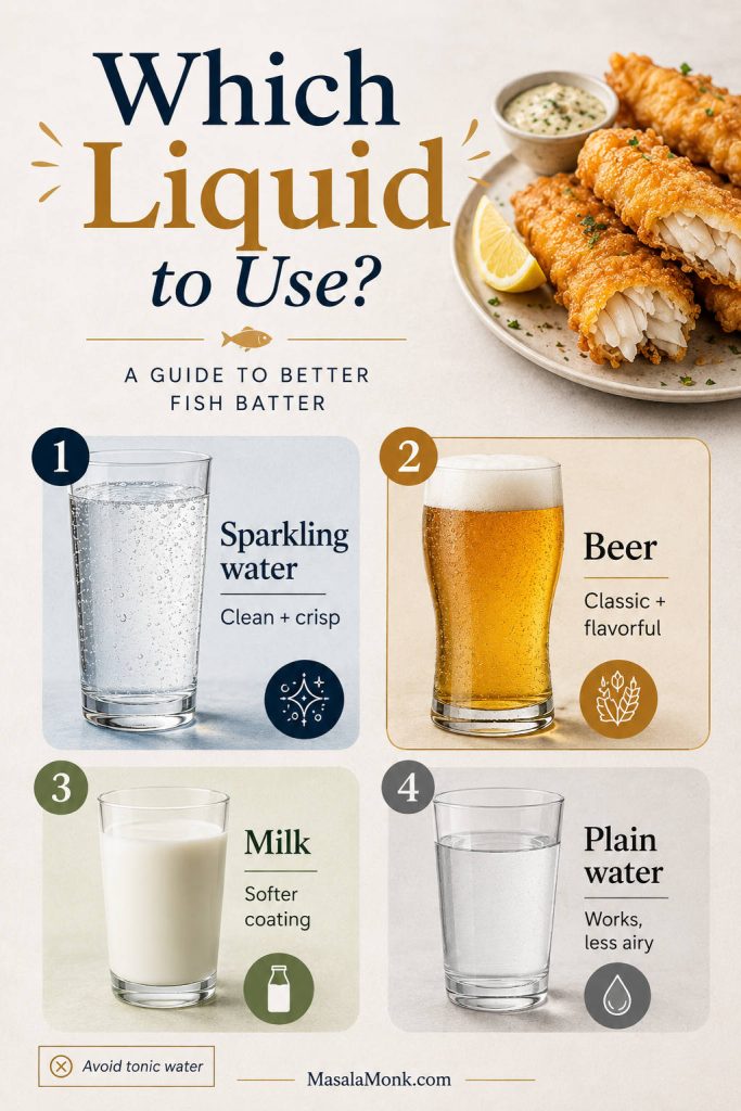Comparison board showing sparkling water, beer, milk, and plain water as liquid options for fish batter, with finished fried fish