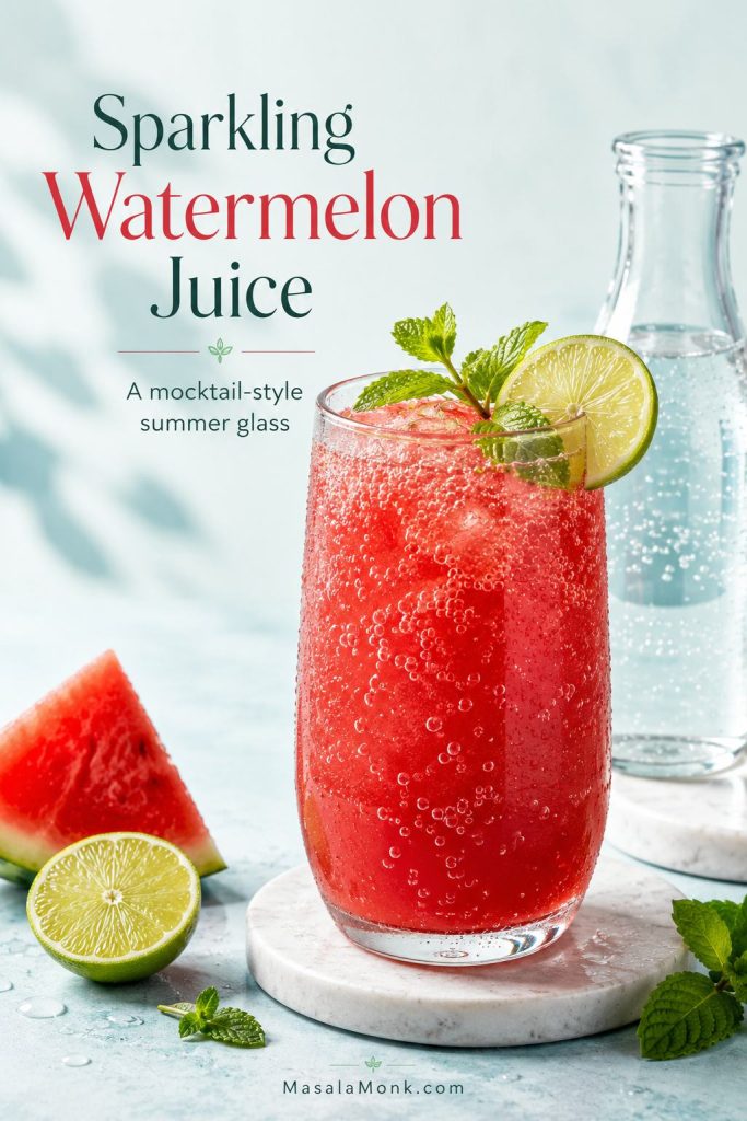 Sparkling watermelon juice with visible bubbles, lime, mint, watermelon, and sparkling water.