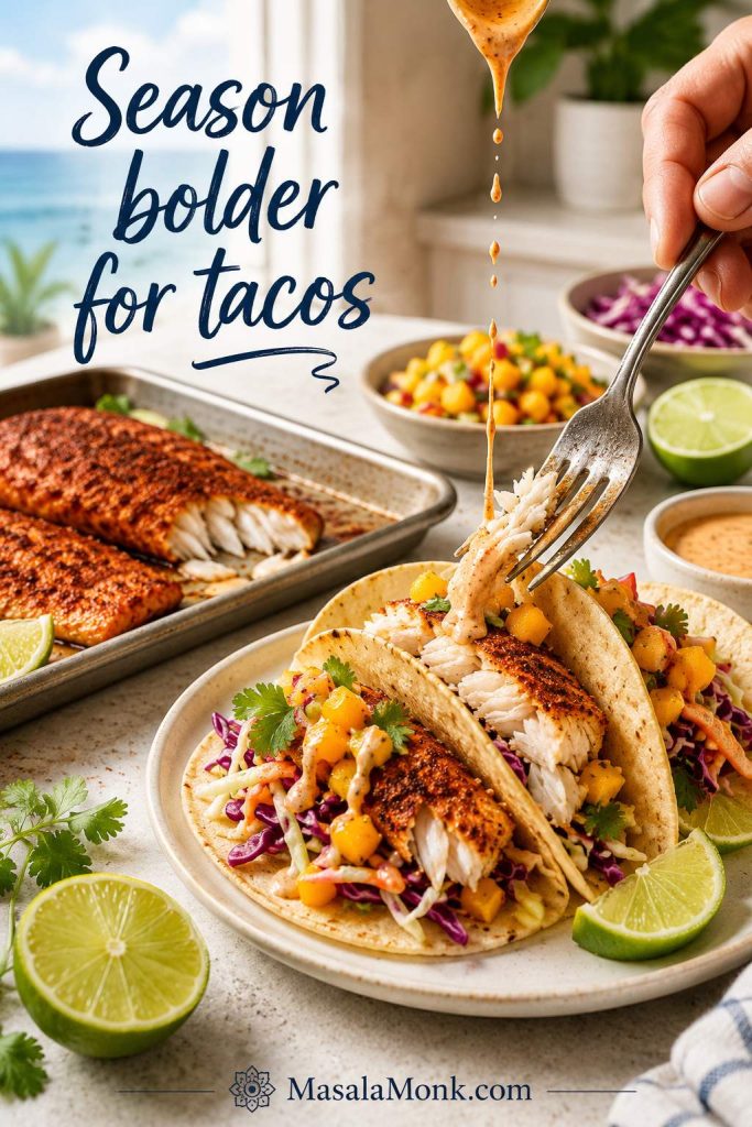 Spicy baked tilapia being flaked into tacos with slaw, lime, mango salsa, cilantro, and creamy sauce.