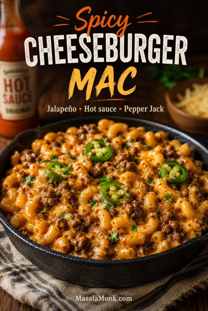 Spicy homemade Hamburger Helper with jalapeño slices, hot sauce, Pepper Jack, cheddar, macaroni, and ground beef.