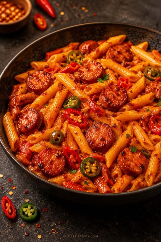 Spicy kielbasa pasta with penne, browned sausage slices, red tomato sauce, jalapeno slices, red chile slices, and pepper flakes.