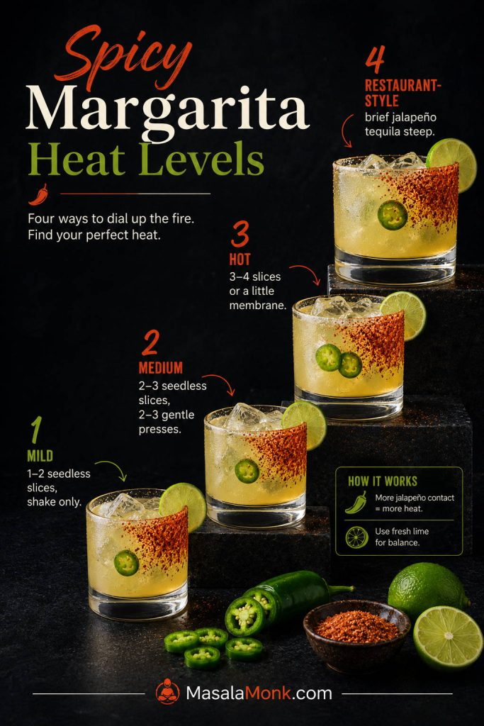 Spicy margarita heat level guide showing mild, medium, hot, and restaurant-style jalapeño heat options.