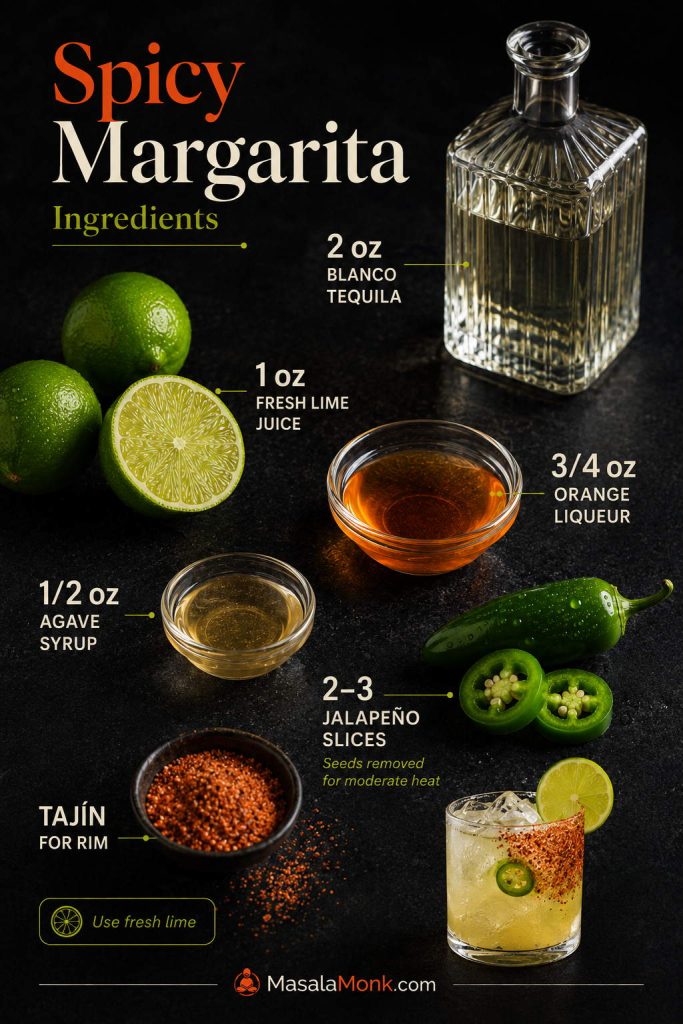 Ingredients for a spicy margarita including blanco tequila, fresh lime juice, orange liqueur, agave syrup, jalapeño slices, and Tajín.