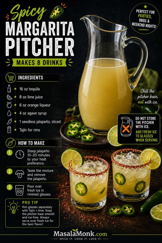 Spicy margarita pitcher recipe board with tequila, lime juice, orange liqueur, agave, jalapeño, Tajín, an ice-free pitcher, and rimmed glasses with fresh ice.
