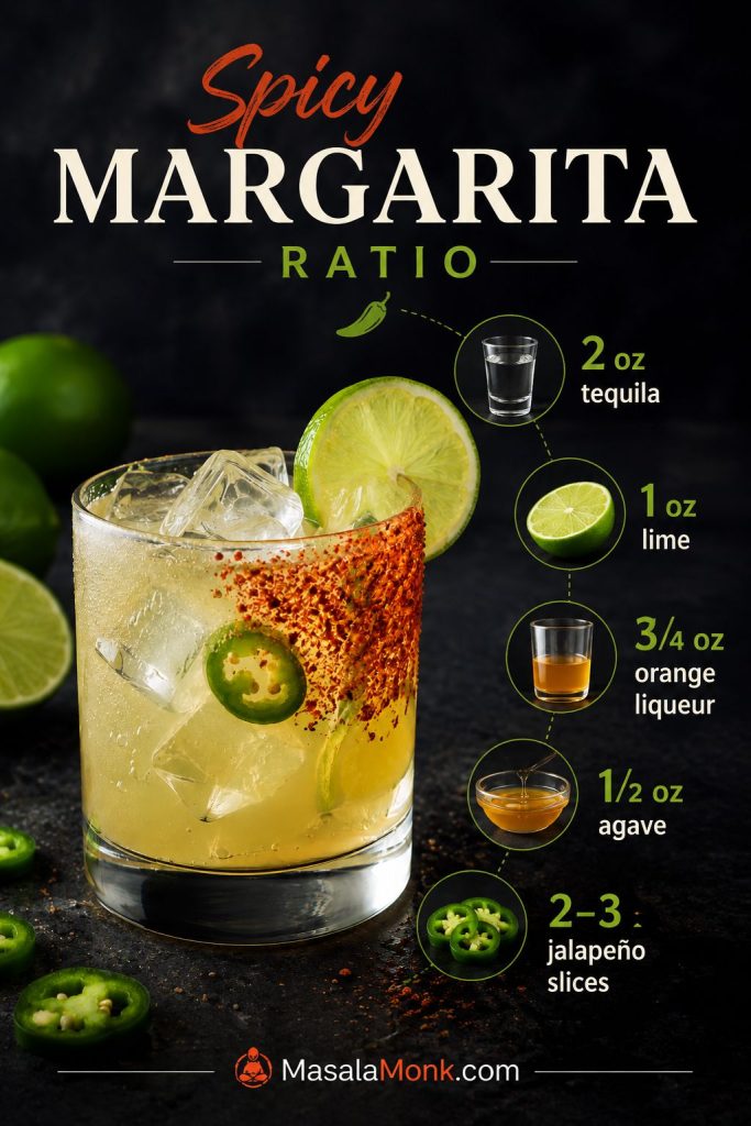 Spicy margarita ratio board showing tequila, lime juice, orange liqueur, agave syrup, jalapeño slices, and Tajín.