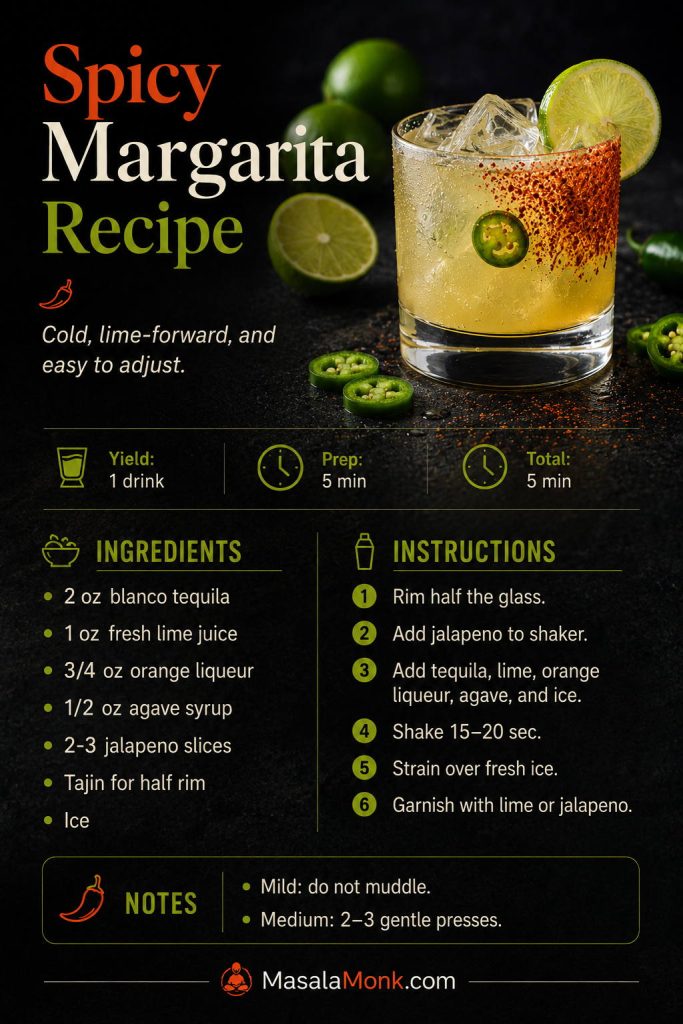 Saveable spicy margarita recipe card with tequila, lime juice, orange liqueur, agave syrup, jalapeño slices, Tajín, ice, and instructions.