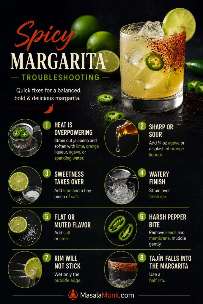 Spicy margarita troubleshooting board showing fixes for heat, sourness, sweetness, watery texture, muted flavor, harsh pepper, and rim problems.