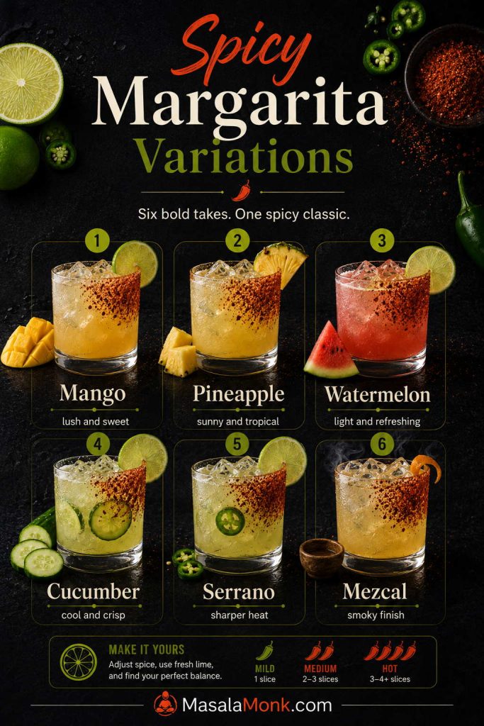 Spicy margarita variations board showing mango, pineapple, watermelon, cucumber, serrano, and mezcal versions.