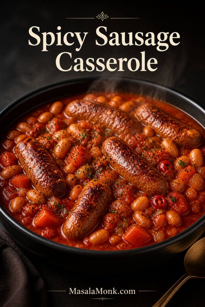 Spicy slow cooker sausage casserole with browned sausages, white beans, carrots, chilli flakes and glossy tomato sauce.