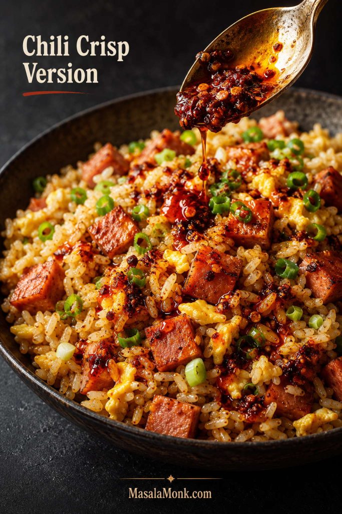 Spicy fried rice with chili crisp being spooned over rice, Spam cubes, egg, and scallions.