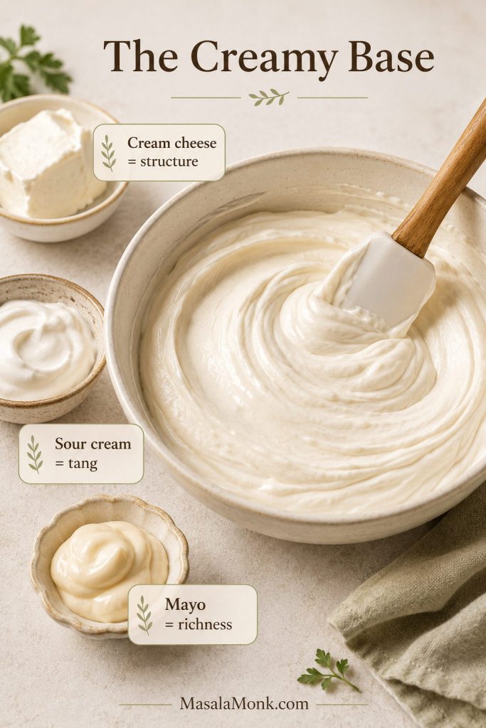 Cream cheese, sour cream, and mayonnaise being mixed into a smooth base with callouts for structure, tang, and richness.