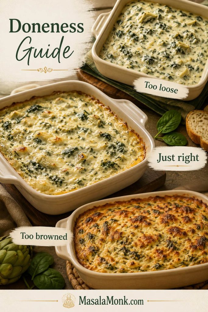 Doneness guide showing spinach artichoke dip that is too loose, just right, and too browned.