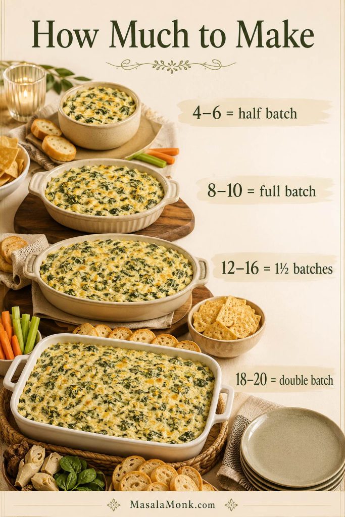Party quantity guide showing different dish sizes for half batch, full batch, one and a half batches, and double batch spinach artichoke dip.