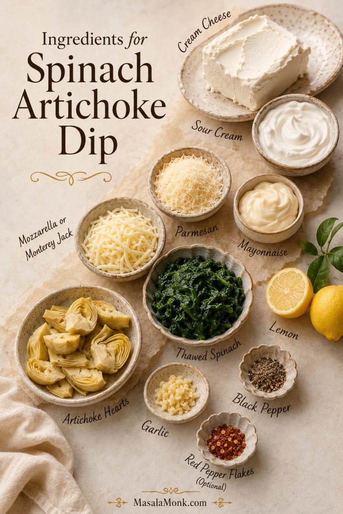 Ingredient guide with cream cheese, sour cream, mayonnaise, cheeses, spinach, artichokes, garlic, lemon, pepper, and red pepper flakes.