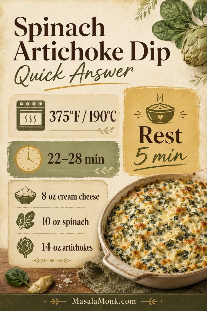 Quick answer board for spinach artichoke dip showing 375°F, 22 to 28 minutes, cream cheese, spinach, artichokes, and rest time.