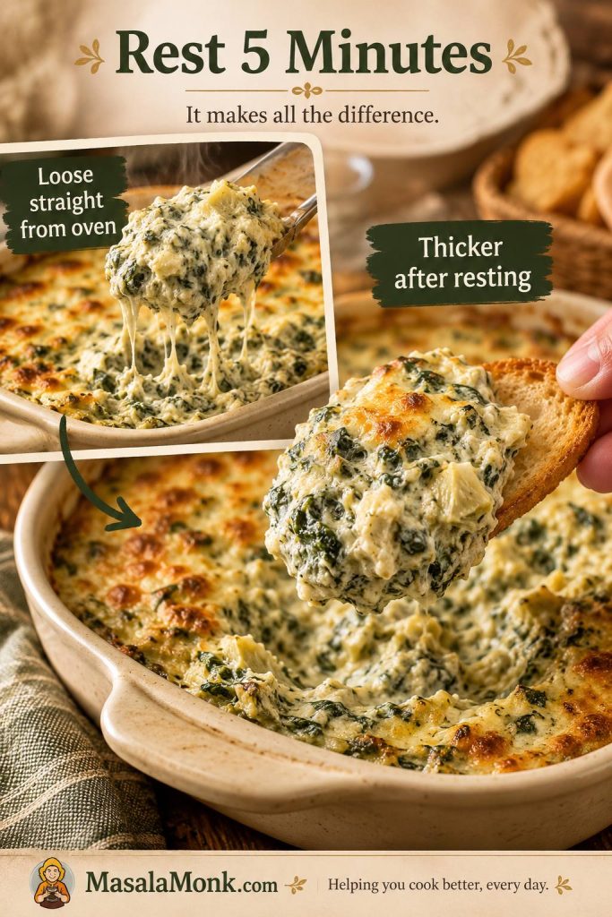 Comparison of spinach artichoke dip straight from the oven and after resting for five minutes, with a thicker rested scoop.