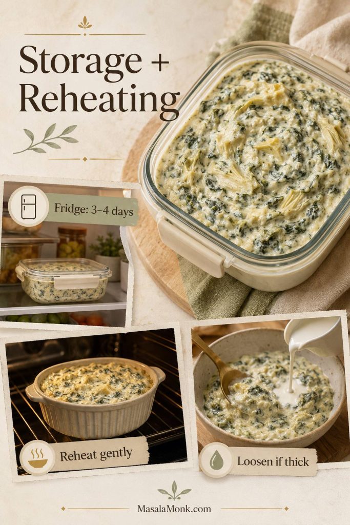 Storage and reheating guide showing leftover spinach artichoke dip in a container, oven reheating, and dairy being stirred in to loosen the dip.