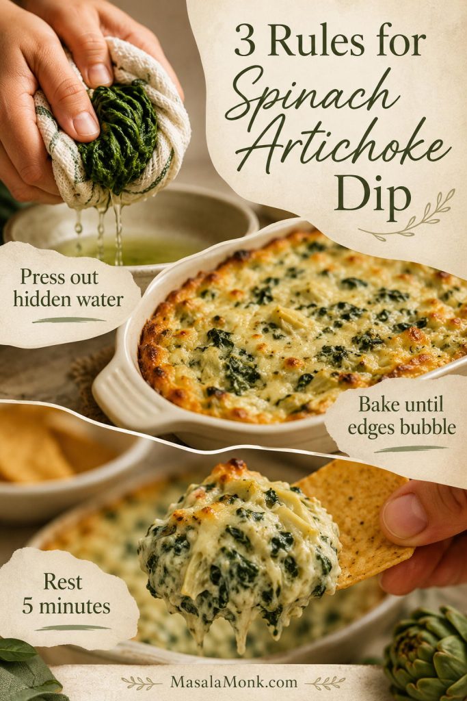 Three-rule guide showing spinach being pressed dry, bubbling dip edges, and a rested scoop on a chip.