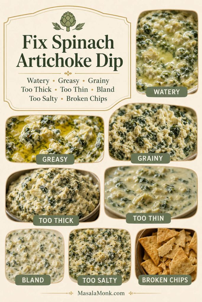 Troubleshooting guide showing watery, greasy, grainy, too thick, too thin, bland, too salty, and broken chip problems for spinach artichoke dip.