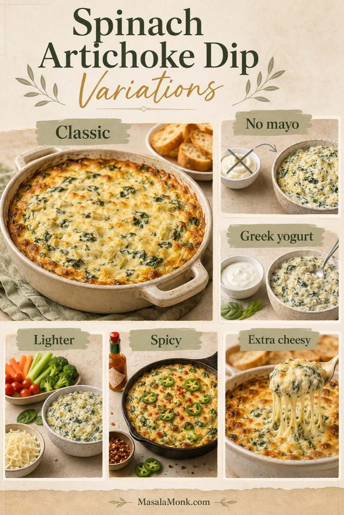 Variations guide showing classic, no mayo, Greek yogurt, lighter, spicy, and extra cheesy spinach artichoke dip.