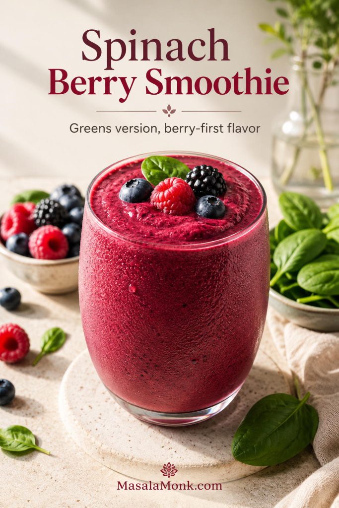 Spinach berry smoothie with baby spinach, blueberries, raspberries, blackberries, and a berry-colored smoothie.