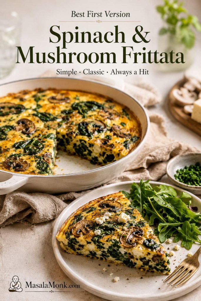 Spinach and mushroom frittata with a wedge served on a plate beside salad greens and crumbled cheese.
