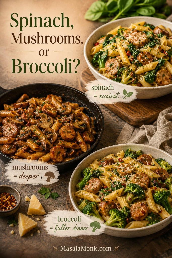 Three sausage pasta variations comparing spinach, mushrooms, and broccoli as add-ins with separate bowls and labels.