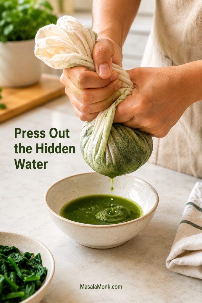 Hands twisting thawed spinach in a clean kitchen towel over a bowl to remove green liquid.