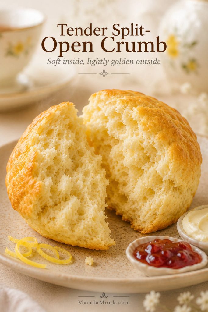 Split-open lemonade scone showing a soft tender crumb, with jam and cream nearby.