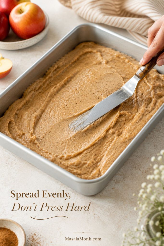 Applesauce cake batter being spread evenly into a 9x13 metal pan with an offset spatula.