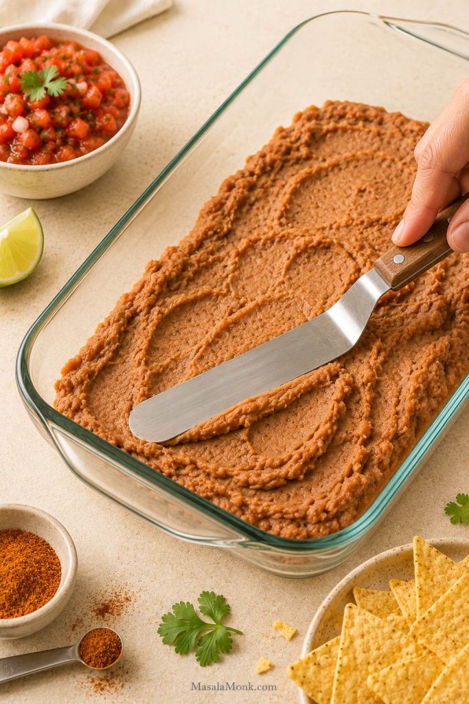 Spatula spreading seasoned refried beans into the corner of a clear 9x13 dish for the base layer of 7 layer dip.
