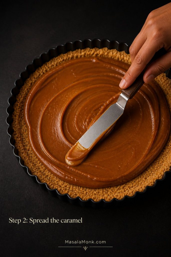 Thick caramel being spread with a spatula over a biscuit crust for Step 2 of Banoffee Pie.