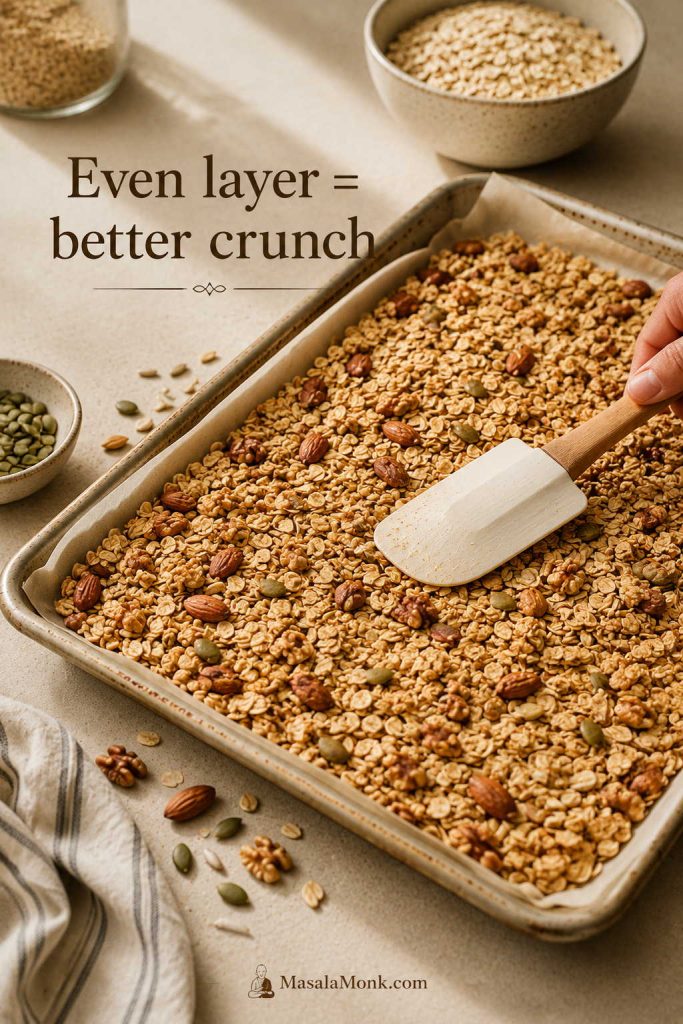 Granola mixture being spread into an even layer on a parchment-lined rimmed baking sheet with a spatula.
