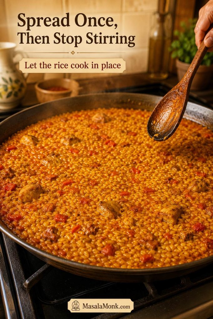Paella rice, stock, sofrito, and chicken spread into an even layer with a spoon lifted away to show no stirring.