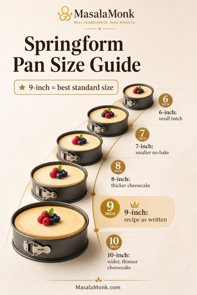 Springform pan size guide for keto cheesecake showing 6-inch, 7-inch, 8-inch, 9-inch, and 10-inch pan options.