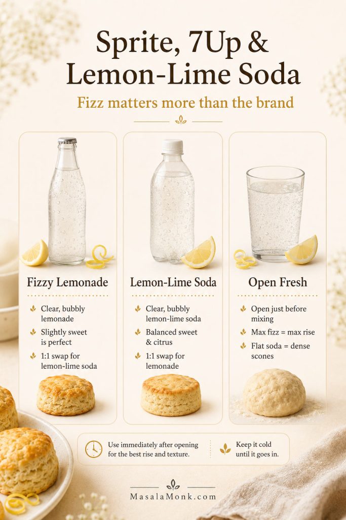 Guide showing clear fizzy lemon-lime soda options for lemonade scones, including generic lemon-lime soda and fizzy lemonade.