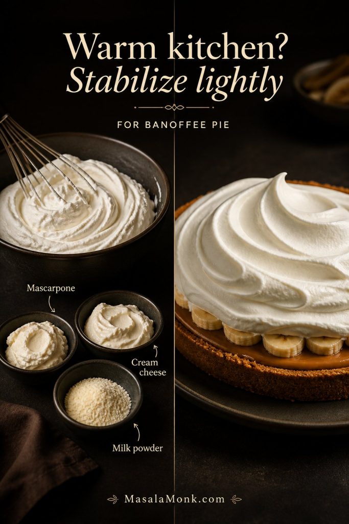 Stabilized whipped cream guide with mascarpone, cream cheese, milk powder, and cream spread on Banoffee Pie.