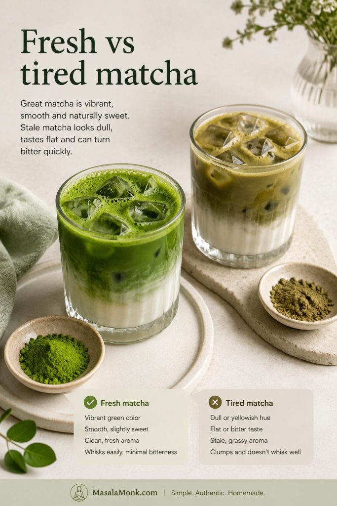 Fresh green iced matcha latte compared with a dull tired matcha latte and powder samples