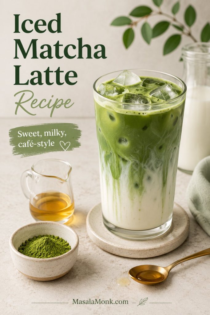 Unbranded café-style iced matcha latte with syrup, matcha powder, and milk on a pale counter