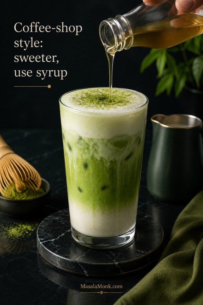Coffee-shop style matcha latte with syrup being poured into a tall iced green drink.
