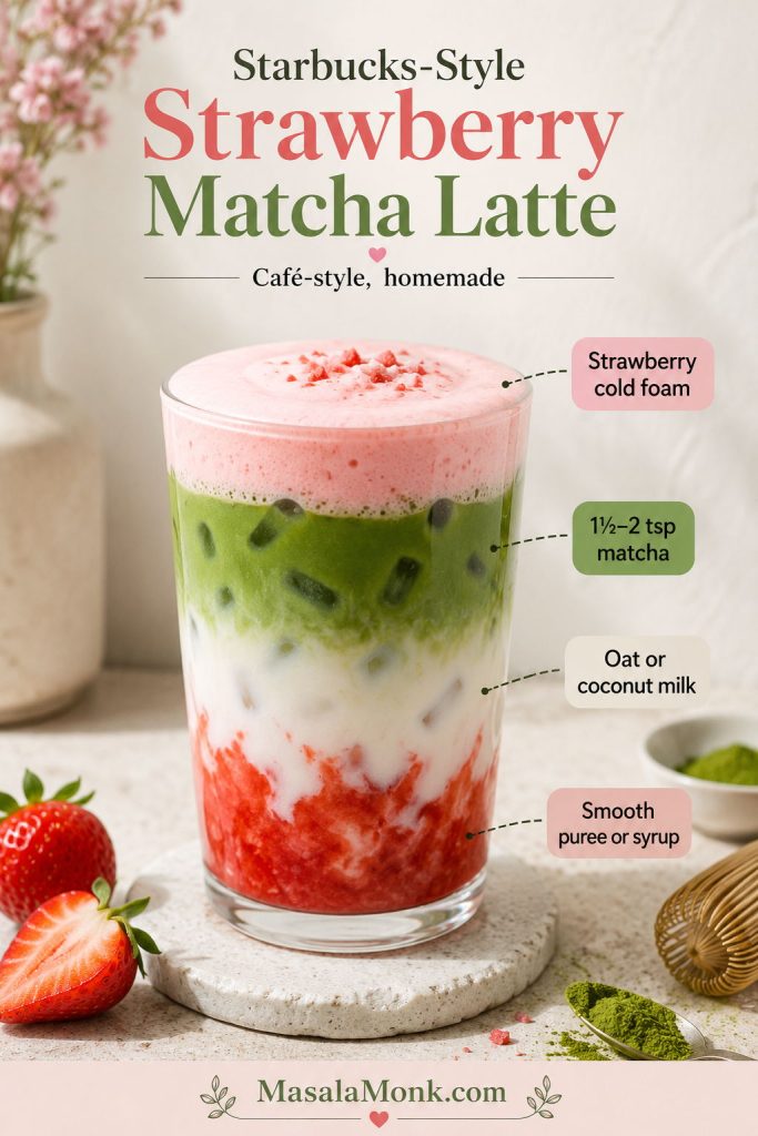 Café-style strawberry matcha latte with strawberry cold foam, matcha layer, milk, strawberry base, and callouts for puree, milk, and matcha.