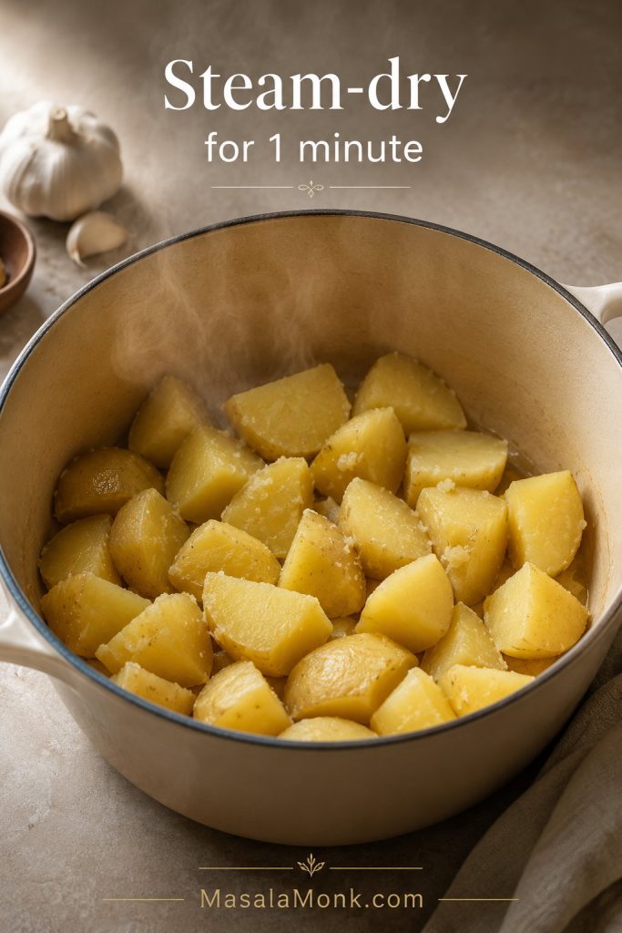 Drained Yukon Gold potato chunks steaming in a warm pot before mashing.