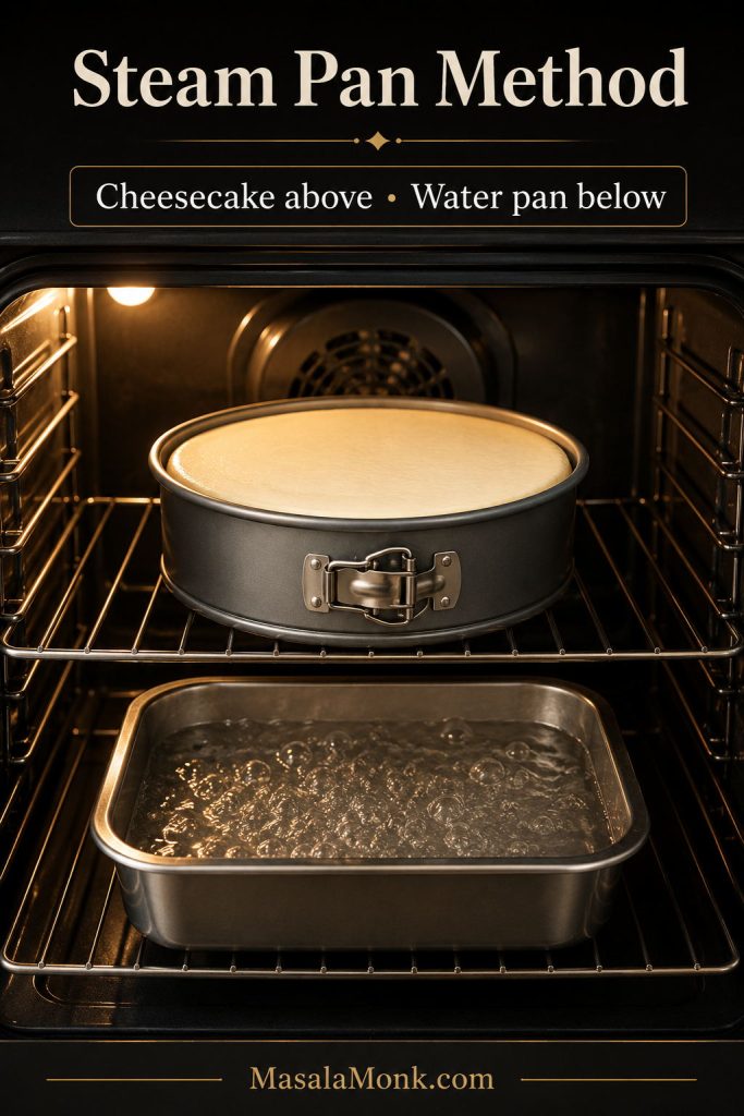 Cheesecake on the middle oven rack with a pan of hot water on the lower rack for the steam-pan method.