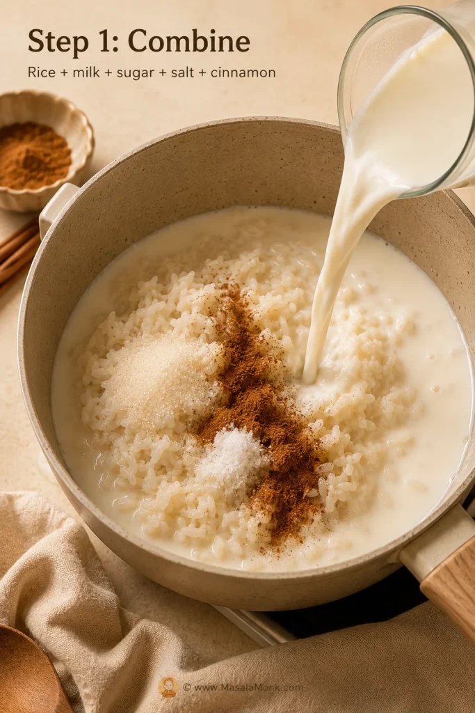 Cooked rice, milk, sugar, salt, and cinnamon combined in a saucepan for the first step of rice pudding.