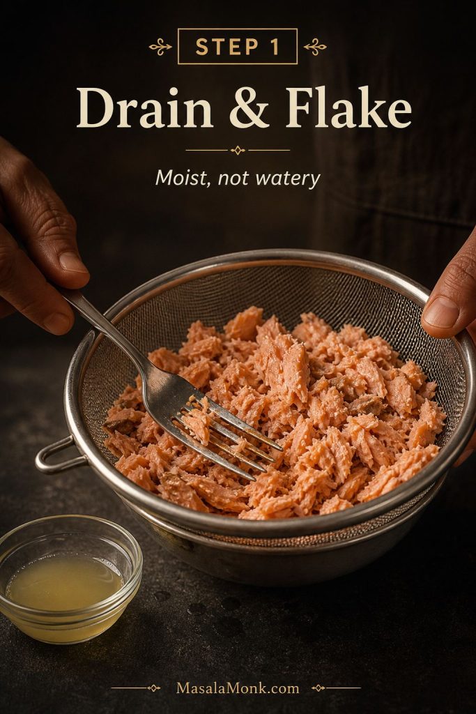 Canned salmon being flaked with a fork in a strainer after draining