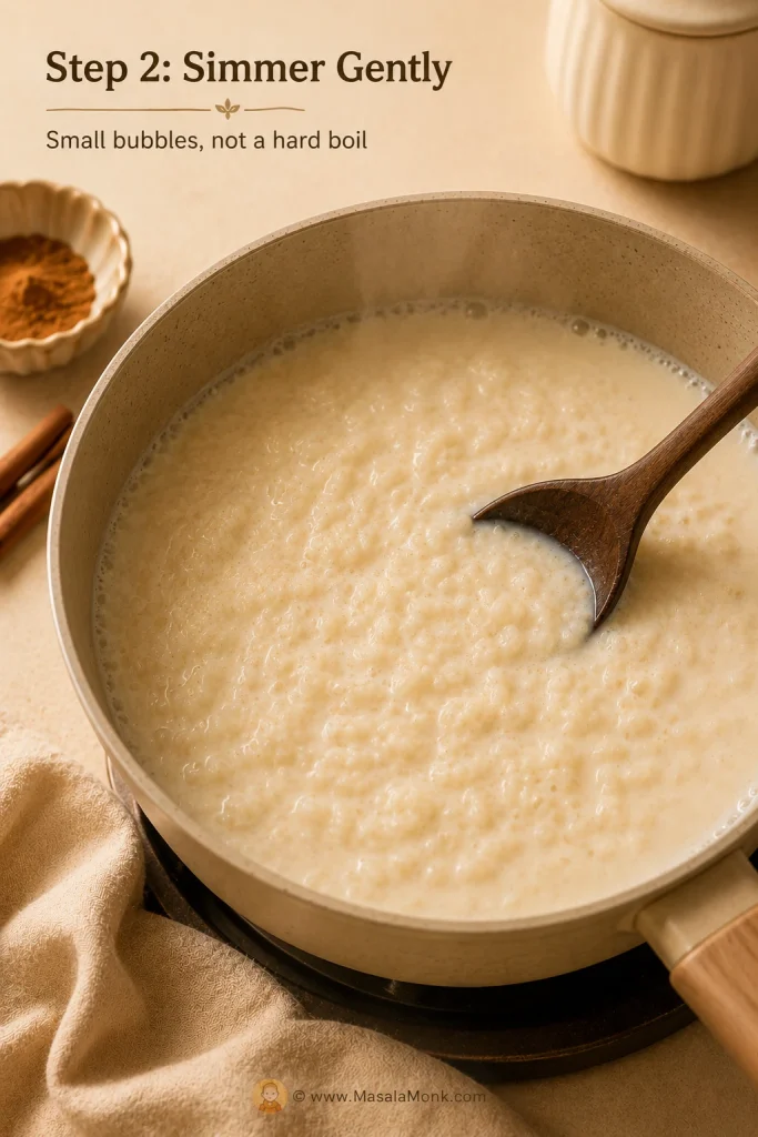 Saucepan of cooked rice and milk simmering gently with small bubbles around the edge.